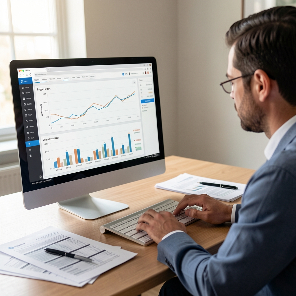 Persona analizando gráficos de ingresos y gastos en una pantalla de computadora junto a documentos financieros impresos