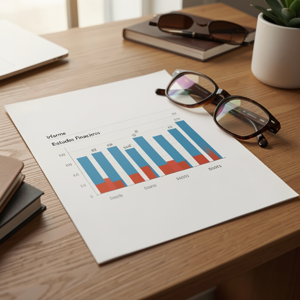 Informe de estados financieros impreso con gráficos de barras junto a lentes de lectura sobre un escritorio