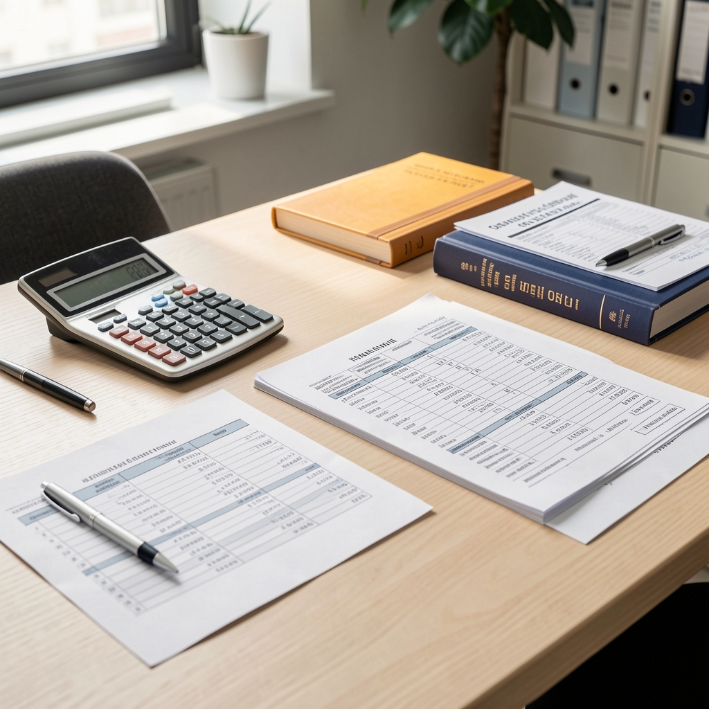 Escritorio de oficina contable con calculadora, libros de contabilidad y hojas de balance ordenadas sobre una mesa de madera clara