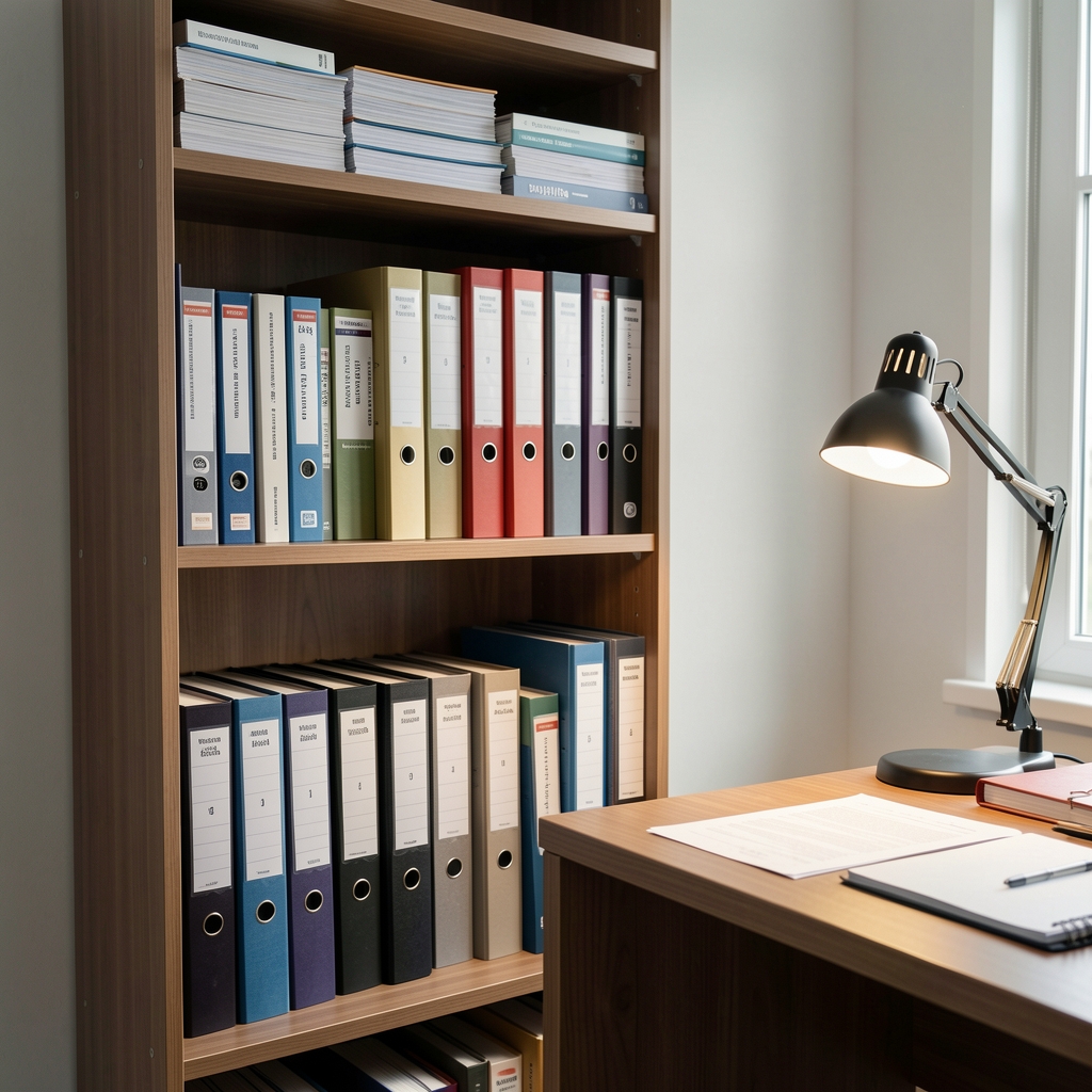 Estantería de oficina con libros de contabilidad y carpetas archivadas junto a una lámpara de escritorio